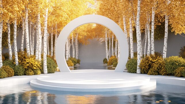 2408_023 Serene nature stage surrounded by birch grove, A tranquil circular platform nestled amidst golden leaves, set against a babbling brook backdrop, inviting exploration and connection