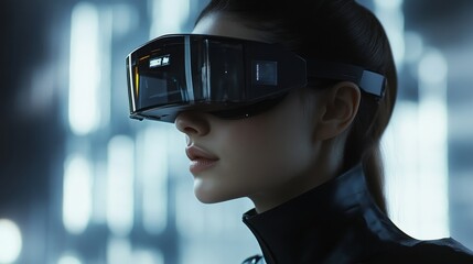 Woman Wearing Futuristic VR Headset: Exploring the Digital World
