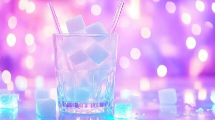 A glass filled with sugar cubes and ice, illuminated by pink and purple bokeh lights, creating a dreamy and colorful atmosphere.