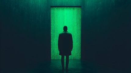 Obraz premium Mysterious encounter at a digital gateway urban setting conceptual art dark atmosphere abstract viewpoint technology themes