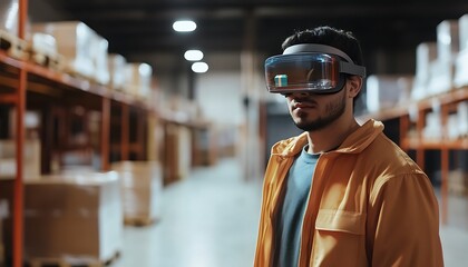 Warehouse Worker Uses Virtual Reality Headset for Inventory