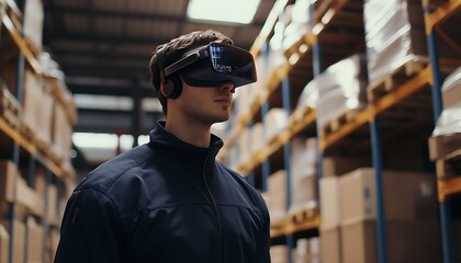 Warehouse Worker Uses Virtual Reality Headset For Inventory