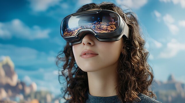 A tech savvy adventurer, dons her sleek 3D goggles as she delves into the vibrant metaverse