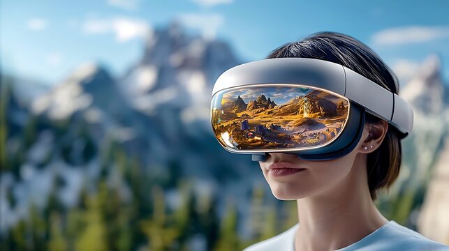 A tech savvy adventurer, dons her sleek 3D goggles as she delves into the vibrant metaverse