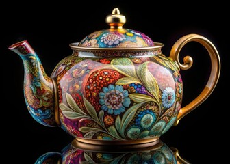 Intricate Floral and Paisley Patterned Teapots in Long Exposure Style - Elegant Teaware, Decorative Kitchen Items, Unique Designs, Transparent Background, Artistic Photography