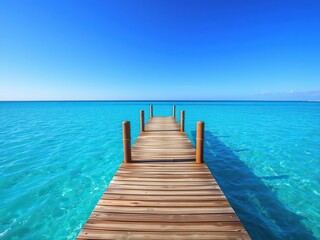 Obraz premium A wooden pier stretching into a vibrant sky blue sea, serene, nautical, wooden pier