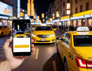 A person is holding a cell phone up to take a picture of a taxi