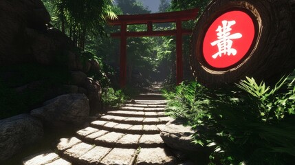 Naklejka premium 2408_049 Serene nature stage surrounded by zen pathway, A tranquil circular platform nestled amidst stone steps, set against a red torii gate backdrop, inviting exploration and connection