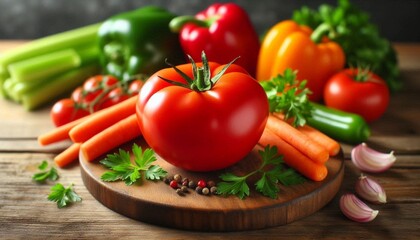 Fresh tomato vegetables on a wooden table.