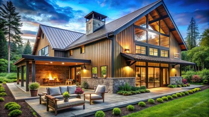 Obraz premium Luxurious Barndominium with Rustic Charm, Spacious Living Areas, Modern Kitchen, Cozy Fireplace, Expansive Windows, Scenic Views, Outdoor Living Spaces, Ideal Retreat for Nature Lovers