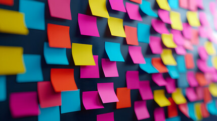 Creative brainstorming session with colorful sticky notes modern office visual organization collaborative environment bird's eye view