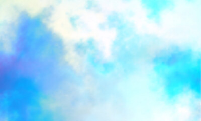 Colorful watercolor background of abstract sunset sky with puffy clouds in pastel rainbow colors of pink blue yellow orange and