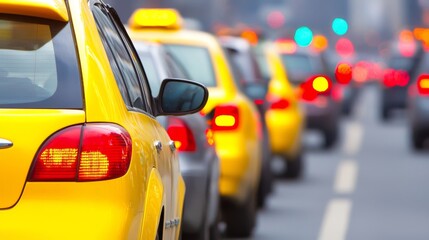Traffic Jam with Yellow Taxis Urban Streets City Photography Busy Environment Side View Transportation Concept