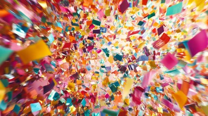 Fototapeta premium Vibrant Explosion of Colorful Confetti and Glitter Particles on a Soft Background Creating a Dynamic Celebration Atmosphere for Festivals and Events