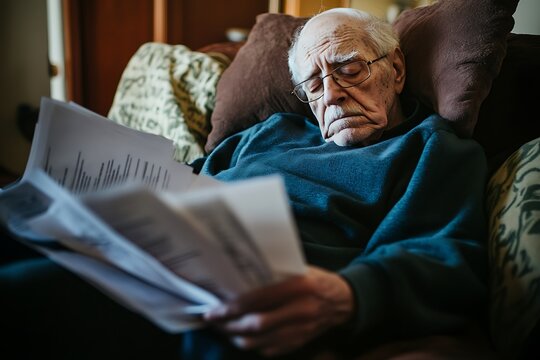 Elderly Man Napping While Reading Documents
