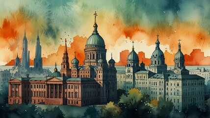 Fototapeta premium St. Petersburg Skyline, A Dreamlike Watercolor of Gothic Domes, Spires, and Sunset Hues V1