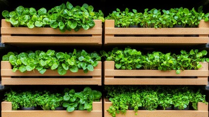 Lush Green Plants Displayed in Wooden Planters Urban Environment Indoor Garden Close-Up View Natural Aesthetics