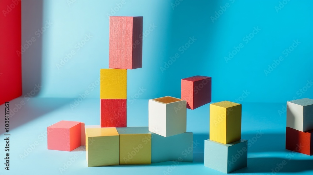 Poster an abstract block-building setup with geometric patterns, contemporary construction style, photo of