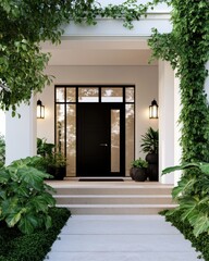 A stylish entrance featuring a black door, elegant lanterns, and lush greenery, creating a welcoming and modern outdoor space.