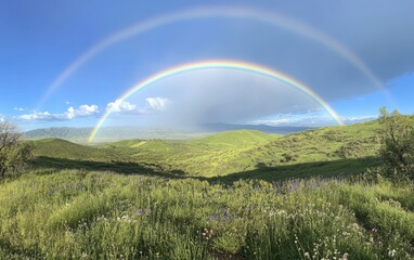 Naklejka premium Rainbow After Rain: A vivid double rainbow arching across a clear sky after a rainstorm, stretching over a lush green valley with scattered wildflowers 