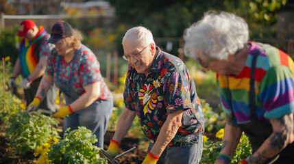 A diverse group of LGBTQ elders works together in a community garden, using adaptive tools and wearing vibrant garden club shirts while maintaining accessible paths