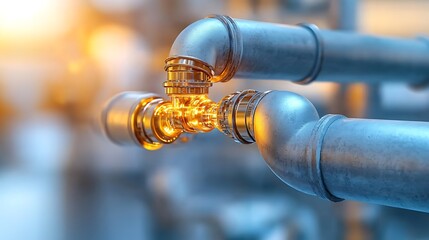 The illustration depicts a detailed close up of gray industrial steel pipes interconnected in a complex network