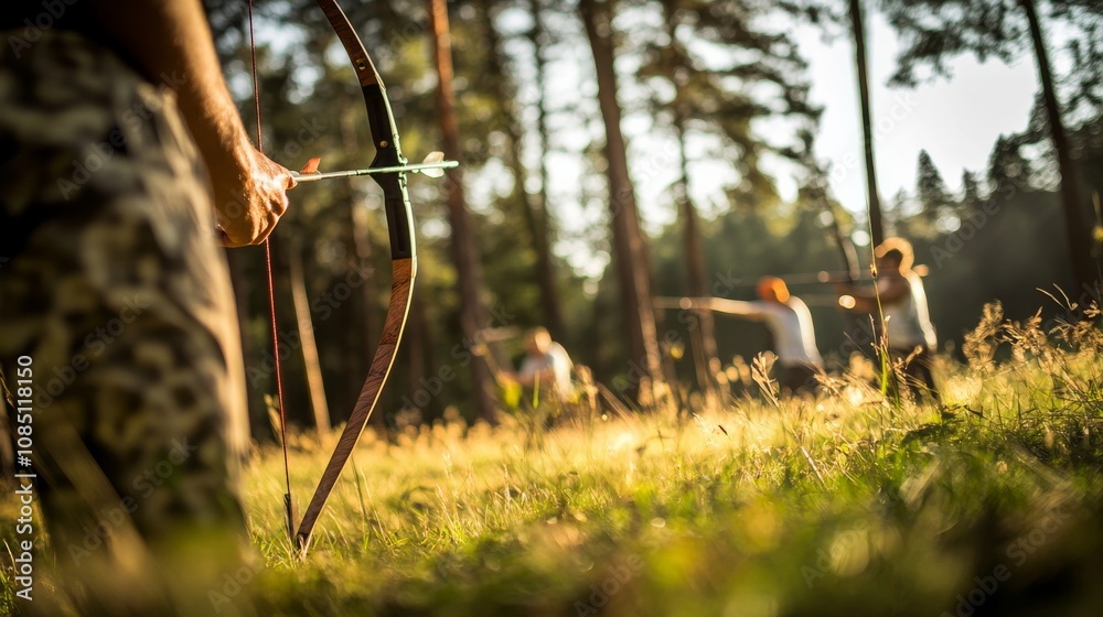 Poster An adventurous archery session in a forest clearing, Bows and arrows set up for precision shooting, Outdoor sports style