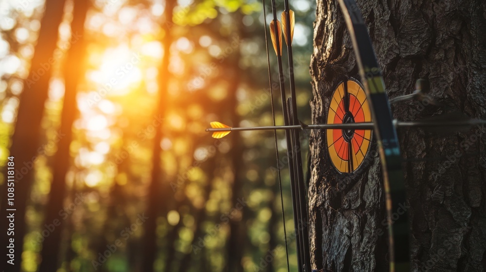 Poster an adventurous archery session in a forest clearing, bows and arrows set up for precision shooting, 
