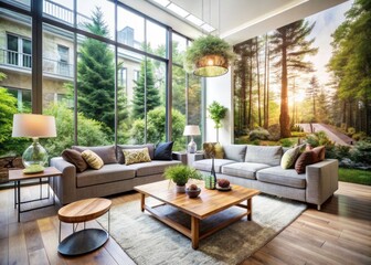 Fototapeta premium Modern Living Room Interior Design with Large Windows, Double Exposure Photography, Bright and Airy Atmosphere, Stylish Decor, Contemporary Furniture, Natural Light, Cozy Ambiance