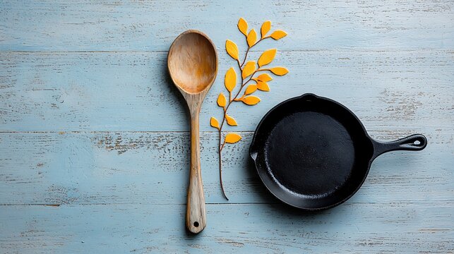 A rustic flatlay featuring a weathered wooden spoon resting alongside a seasoned cast iron skillet on a distressed wooden tabletop