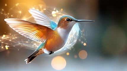 Fototapeta premium The abstract 3D view of a hummingbird's iridescent feathers reveals a mesmerizing display of vibrant colors interwoven with intricate patterns