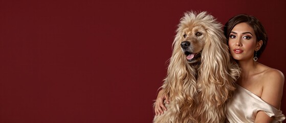 Naklejka premium Elegant Latina Woman in Champagne Silk Dress with Afghan Hound Dog Against Burgundy Background - Luxury Pet and Fashion Portrait Photography