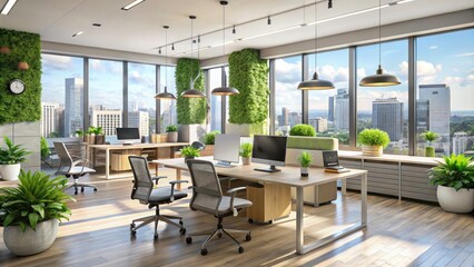 Fototapeta premium Modern Minimalist Open Office Space with Cityscape View â€“ Sleek Corporate Workspace Interior Design for Productivity and Inspiration