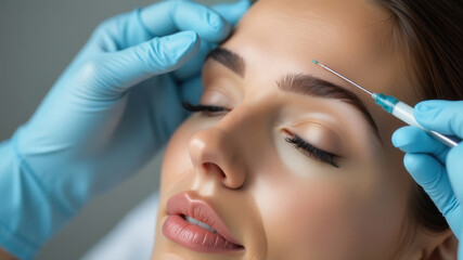 Close-up of a cosmetic procedure showing beautician in blue gloves performing a facial injection. Medical aesthetics concept.