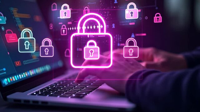 A person engages with a laptop in a dim environment, focusing on cybersecurity elements and lock symbols