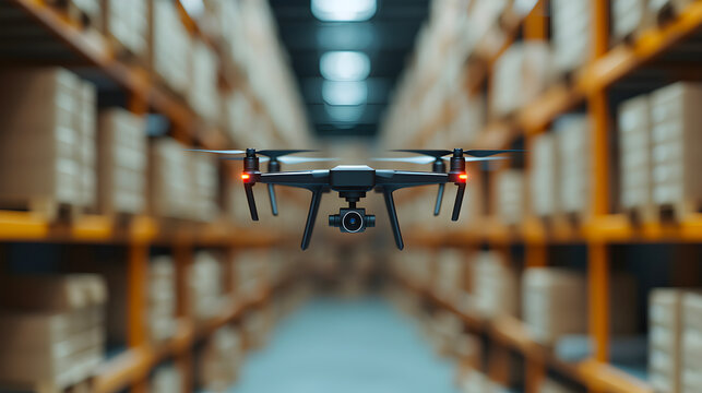 Drone delivery operations in warehouse logistics high-tech facility aerial view efficiency concept