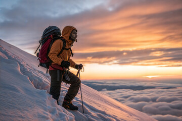 Adventurous Hiker Climbing Snowy Mountain at Sunset with Backpack and Trekking Poles