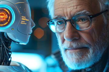 A man is looking at a robot with a computer screen on its face