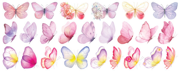 Butterfly collection. Watercolor illustration. Colorful Butterflies clipart set. Baby shower design elements. Party invitation, birthday celebration. Spring or summer decoration