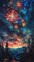 A breathtaking night sky scene with bright fireworks exploding over a mountain range. The sky is filled with stars and a colorful gradient of pink, blue, and purple.