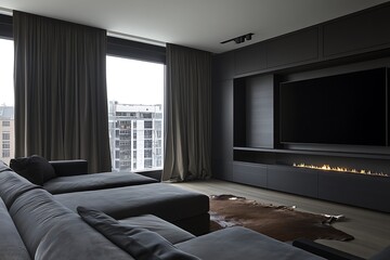 Modern Dark Living Room With Fireplace And City View