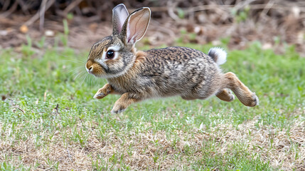 Fototapeta premium A baby rabbit hopping in a meadow, practicing its jumping skills and learning to avoid predators.