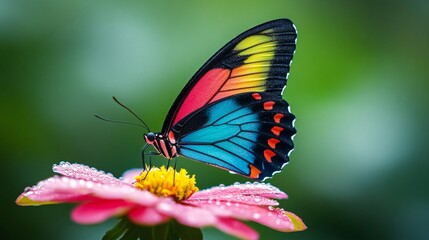 Obraz premium A vibrant butterfly with colorful wings perched on a pink flower, surrounded by a lush green background.