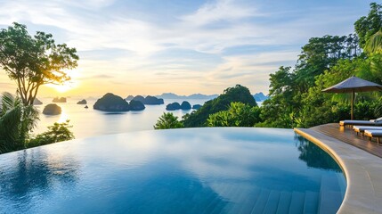 Fototapeta premium A stunning infinity pool overlooks a tranquil bay at sunset, surrounded by lush greenery and rocky islands, creating a serene tropical paradise.