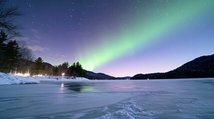 A stunning winter landscape featuring a frozen lake, surrounded by snow-covered trees and mountains, illuminated by vibrant northern lights.