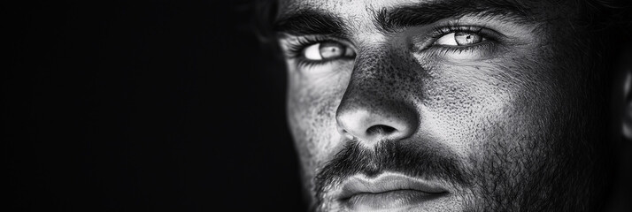 Black and white portrait of a handsome young man with a captivating gaze, highlighting his masculine features and intense expression