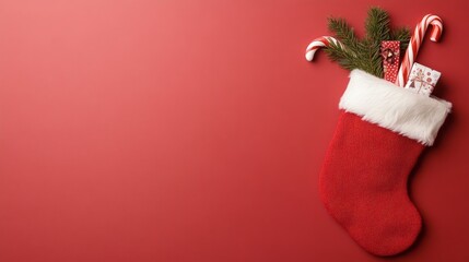 A festive red Christmas stocking filled with candy canes and greenery against a matching red background.