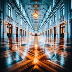 Fototapeta premium Grand Hallway with Polished Wooden Floor and Ornate Ceiling.