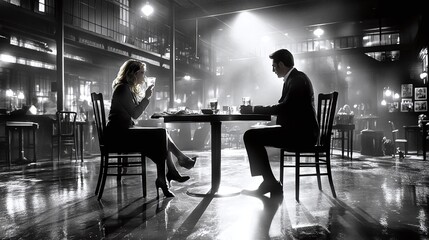 Black and White Couple Sitting at Table in a Restaurant.