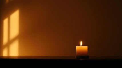 Softly glowing candle in a darkened room with white background and warm light radiating across the space, ambiance, warm, lighting